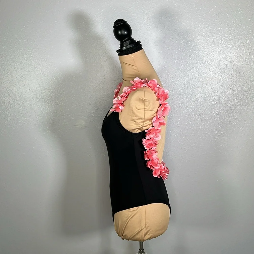 Black pink floral appliqué Scoop Back OnePiece cheeky Swimsuit S coquette resort - Picture 4 of 11